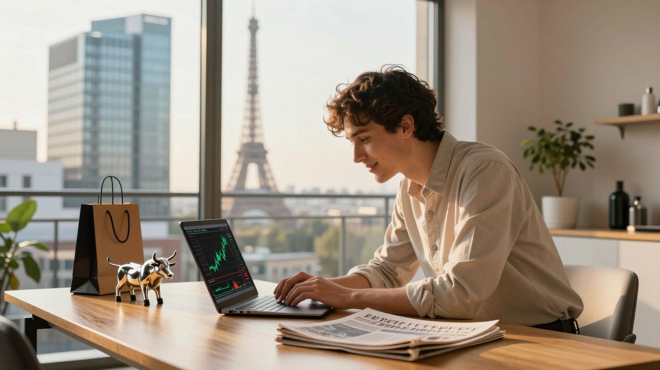 Jovem a trabalhar num computador portátil com gráficos de bolsa, vista para a Torre Eiffel ao fundo.