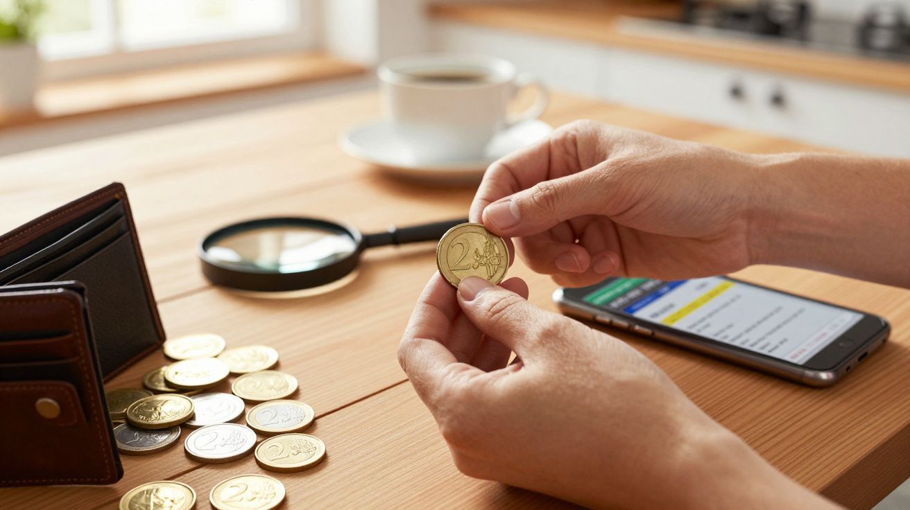 Mãos segurando uma moeda de 2 euros numa mesa com moedas, uma lupa, telemóvel e uma chávena de café.