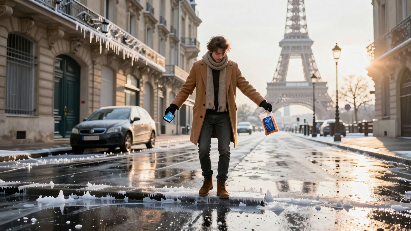 Homem com casaco castanho e cachecol caminha numa rua molhada em Paris com a Torre Eiffel ao fundo.