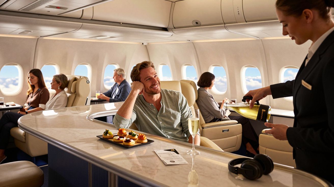 Passageiro a ser servido com champanhe por tripulante num luxuoso interior de avião com janelas e lanche servido.