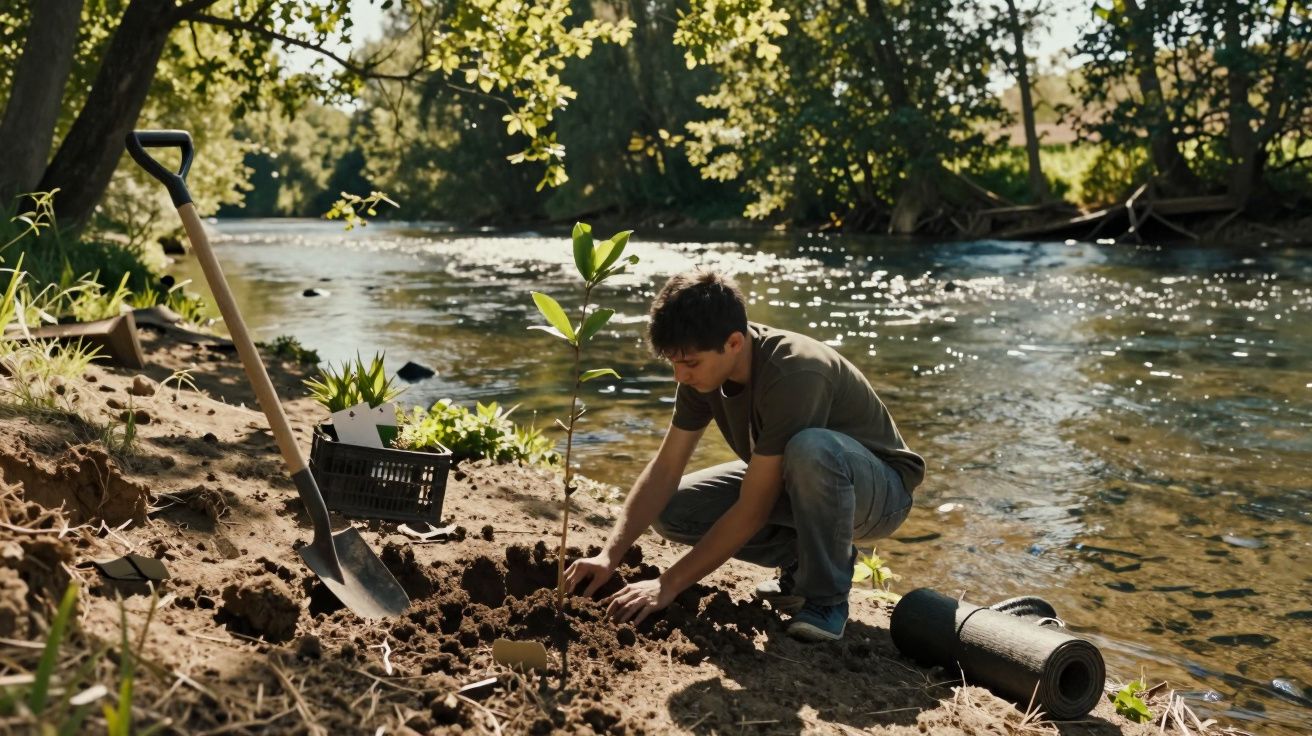 Jovem a plantar uma árvore junto a um rio numa manhã ensolarada, com pá e equipamentos ao lado.