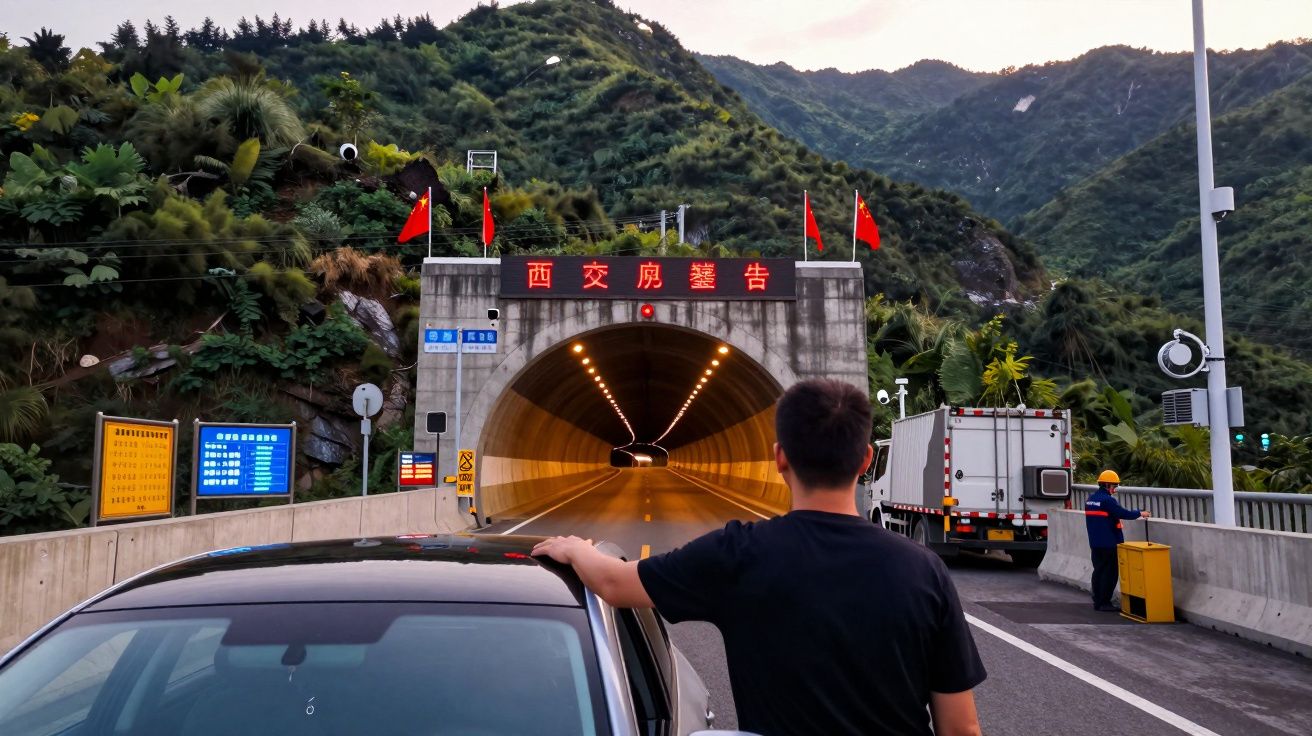 Homem encostado em carro observa entrada iluminada de túnel em estrada rodeada por montanhas verdejantes.