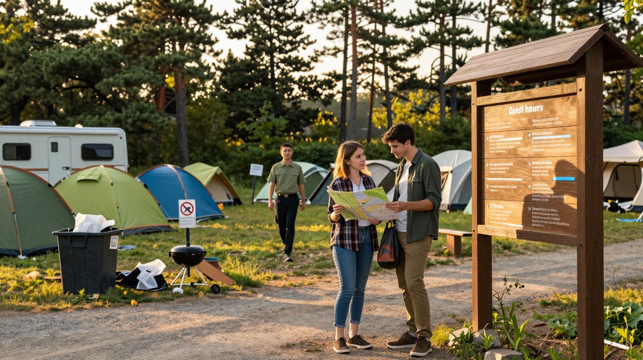 Casal consulta mapa junto a placa informativa em parque de campismo com tendas e árvores ao fundo.