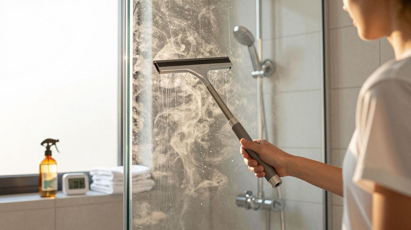 Pessoa a limpar o vidro da cabine de duche com um limpa-vidros, vapor visível no vidro.
