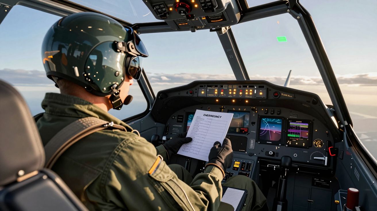 Piloto militar usa capacete e luvas enquanto lê procedimento de emergência no cockpit de um avião em voo.