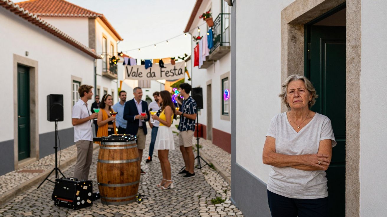 Mulher de braço cruzado observa grupo numa festa de rua com decoração e pessoas a conversar.