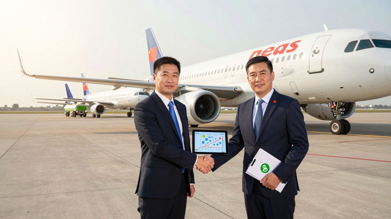 Dois homens de fato cumprimentam-se junto a um avião na pista de um aeroporto numa cerimónia formal.