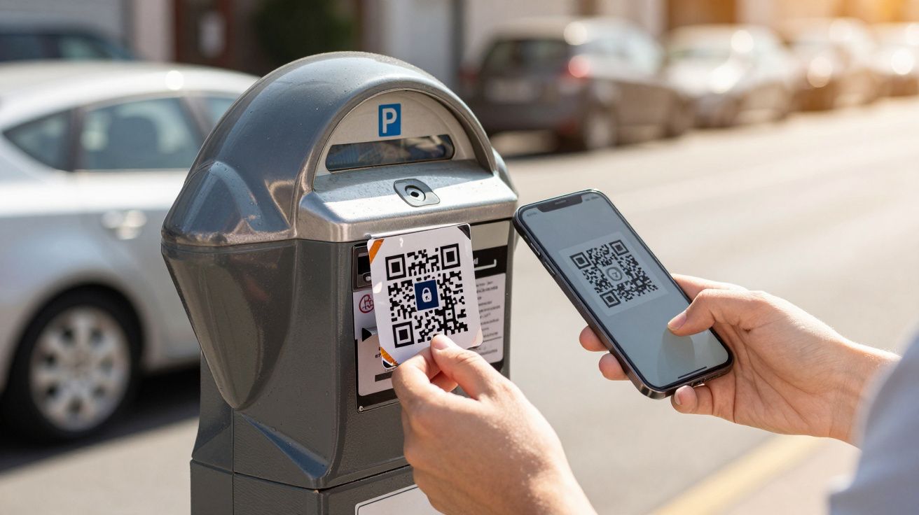 Pessoa a digitalizar código QR num parquímetro com smartphone numa rua com carros estacionados.