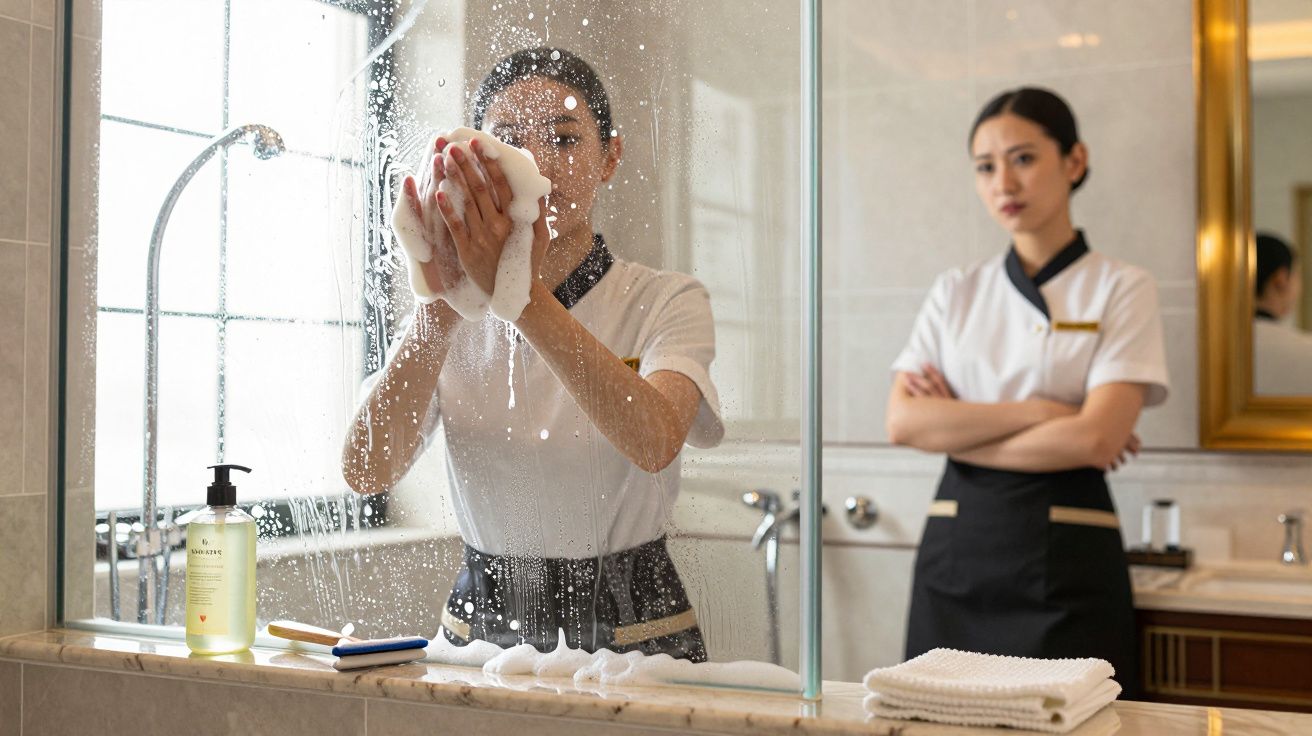 Duas empregadas em uniforme limpam um espelho com espuma num quarto de hotel.