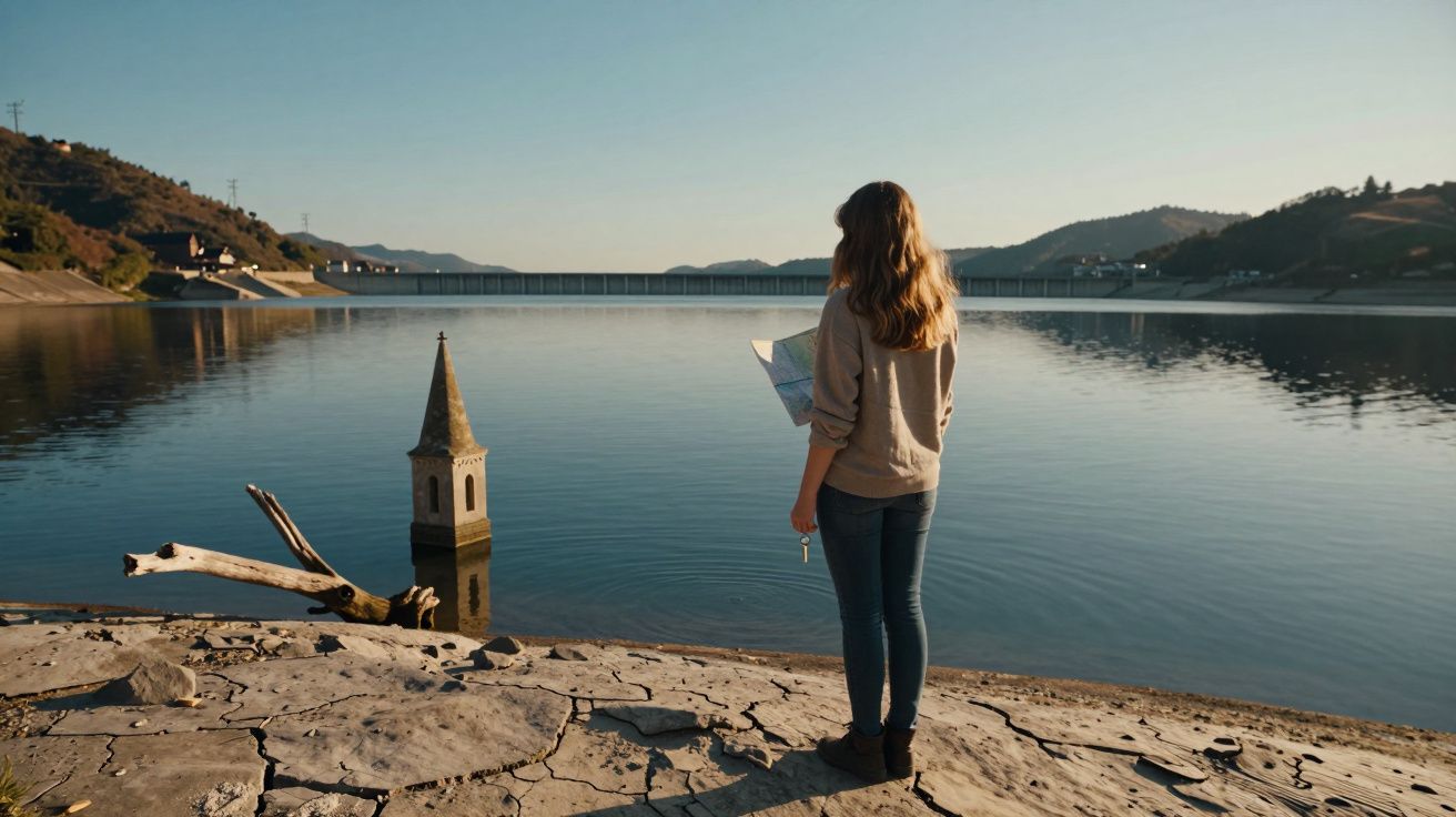 Mulher de costas observa lago com torre de igreja submersa e segura um mapa junto a uma chave.