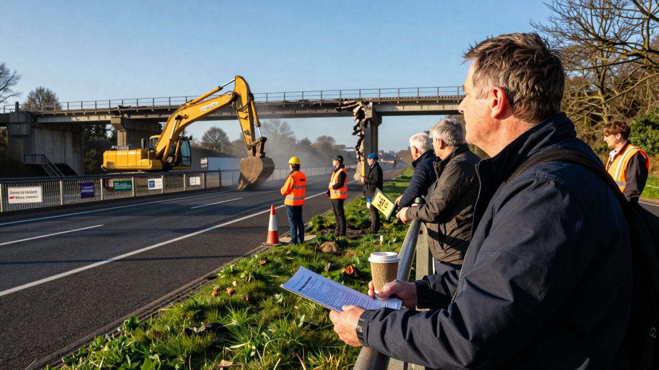 Homem com papel e café observa trabalhadores e escavadora na construção junto a estrada sob ponte.