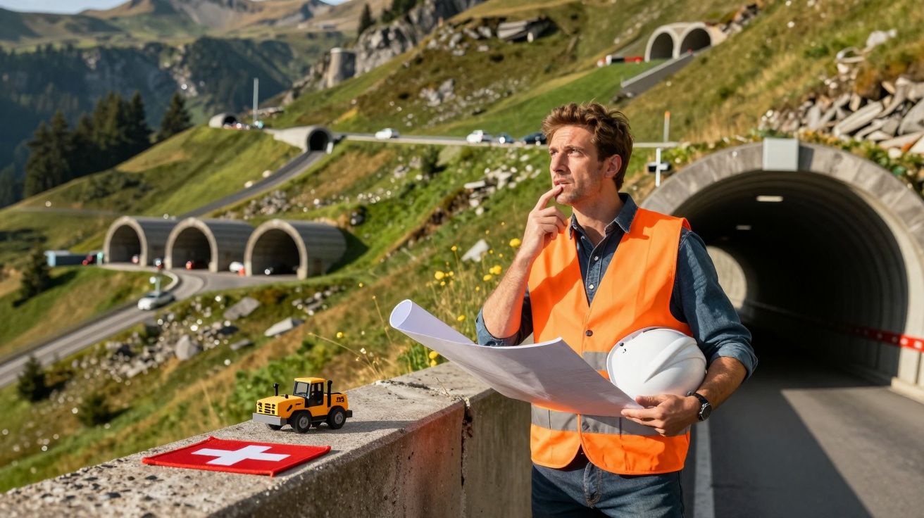 Engenheiro com colete laranja e capacete branco segura plantas junto a túnel rodoviário em zona montanhosa.
