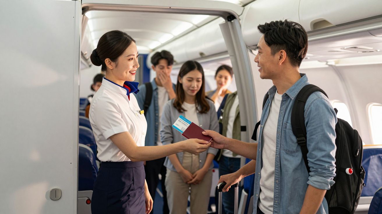 Comissária de bordo a receber bilhete e passaporte de passageiro antes do embarque no avião.