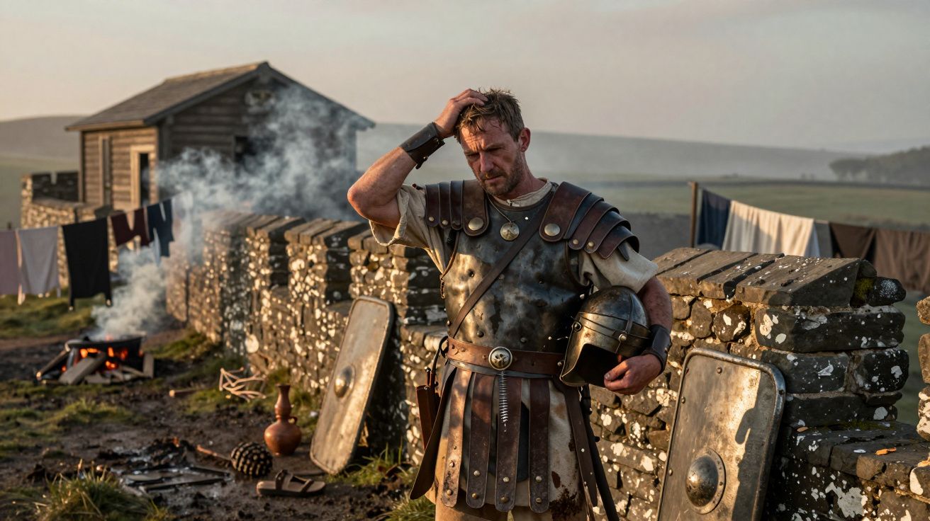 Soldado romano cansado com armadura segurando capacete junto a muro de pedra e escudos, ao pôr do sol.