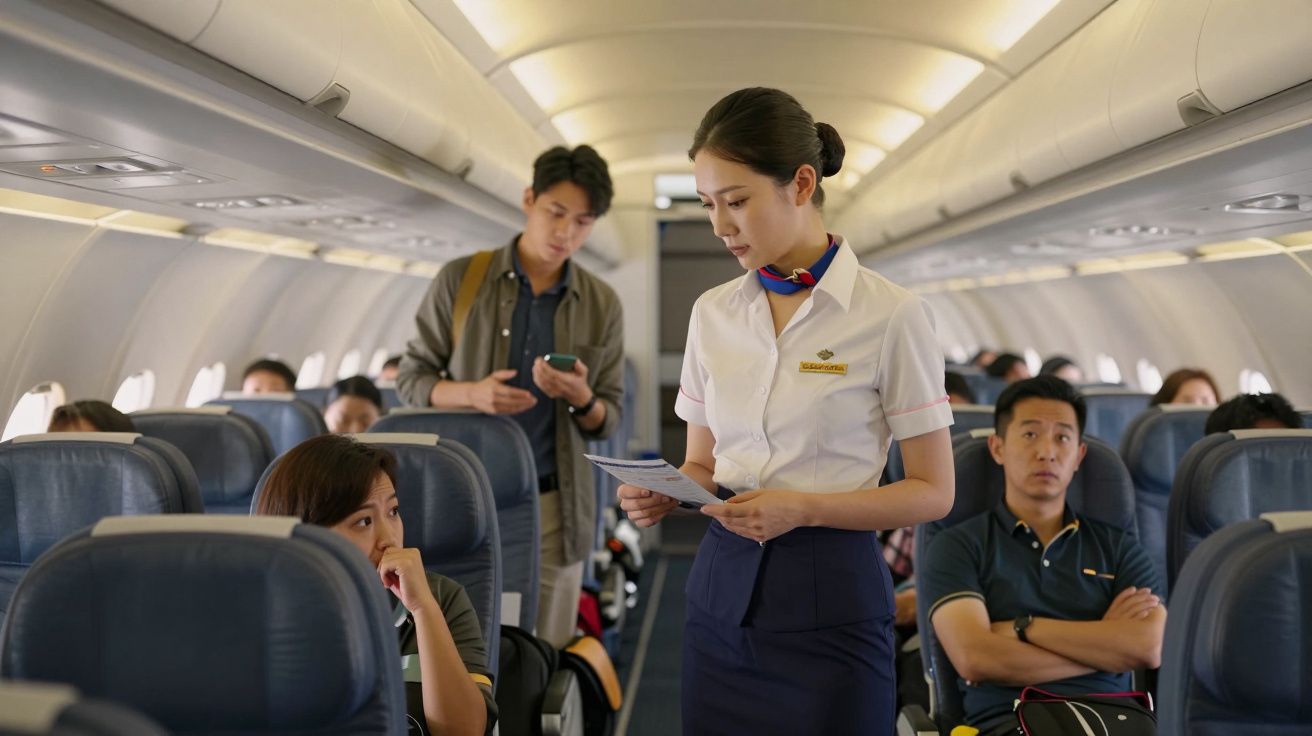 Comissária de bordo a distribuir documentos enquanto passageiros estão sentados no avião.
