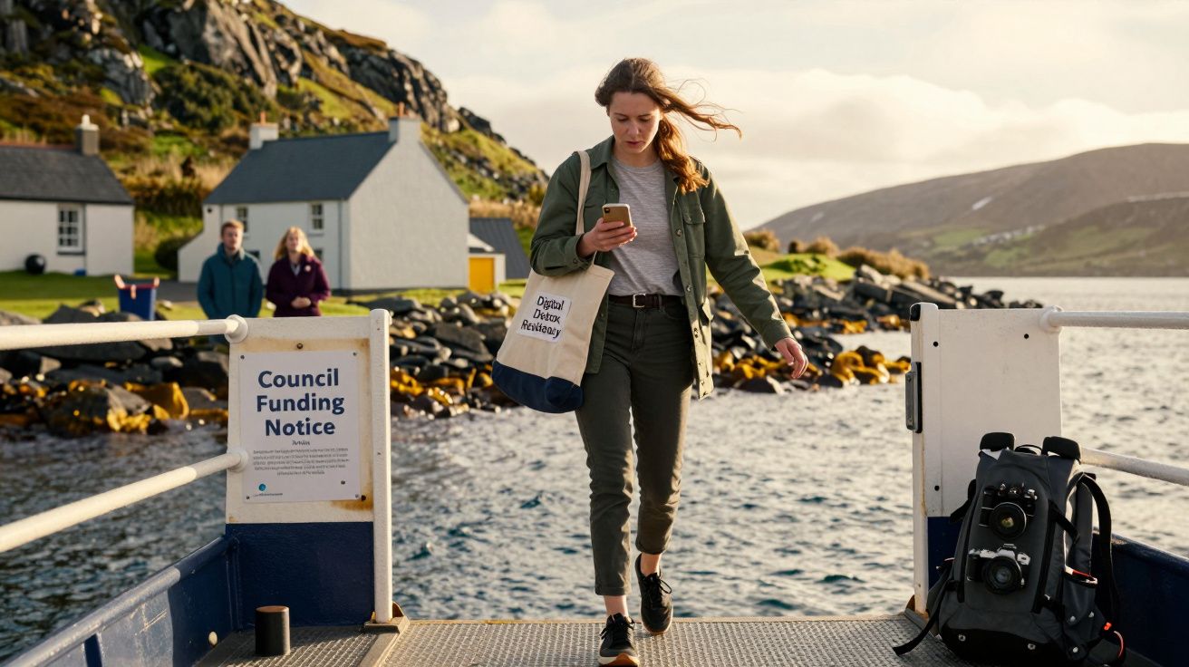 Mulher a sair de um ferry numa paisagem costeira com montanhas e casas ao fundo.