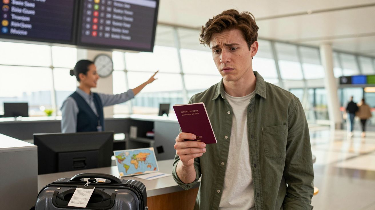 Homem jovem preocupado com passaporte na mão em balcão de aeroporto, com agente de viagem ao fundo.