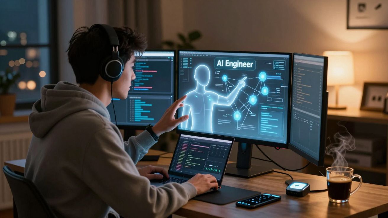 Pessoa a trabalhar com vários ecrãs e código, focada em inteligência artificial numa mesa com café e fones.