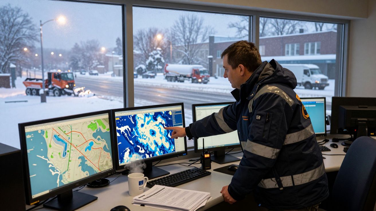 Homem com casaco de inverno consulta mapas meteorológicos em monitores, com vista de rua nevada ao fundo.