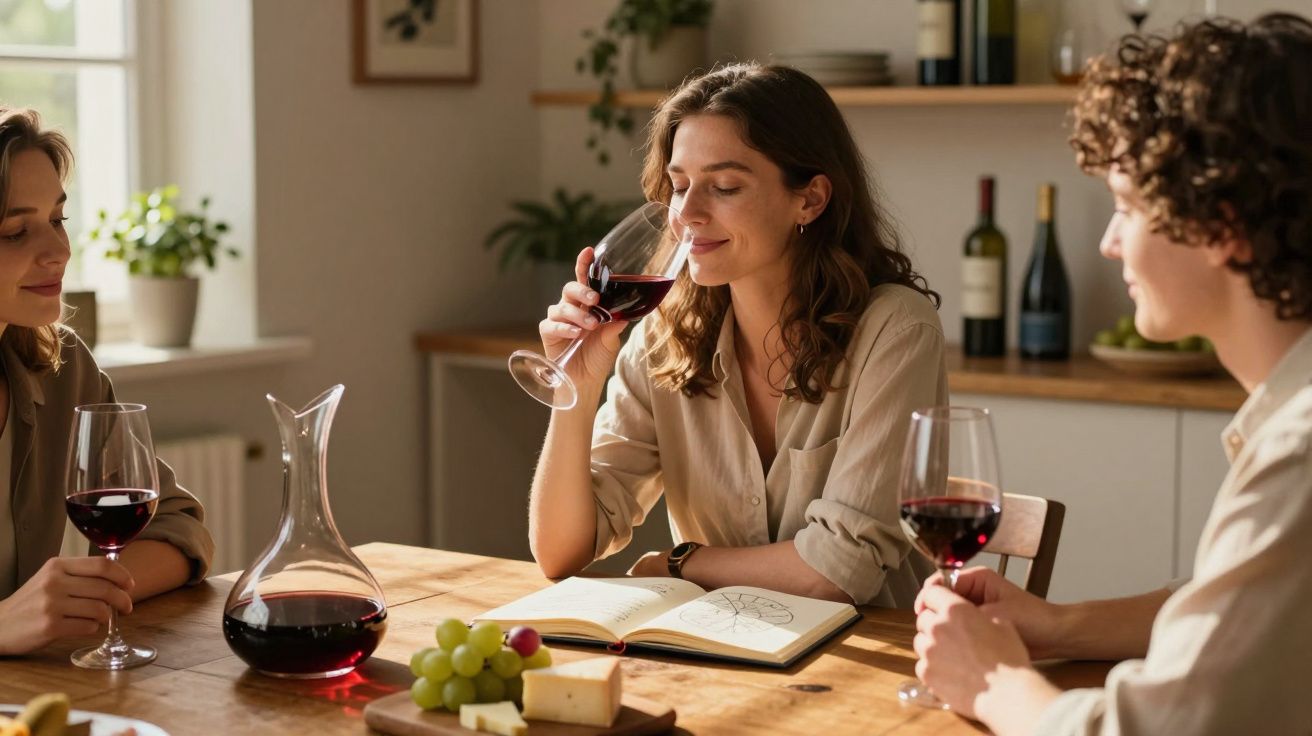 Três pessoas sentadas à mesa a degustar vinho tinto, com queijo e uvas à frente, num ambiente acolhedor.