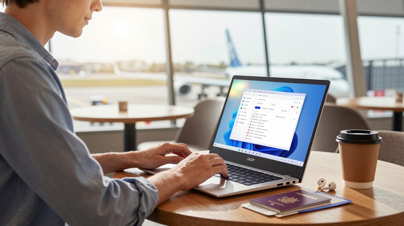 Pessoa a usar portátil num café de aeroporto com passaporte, caderno, auriculares e café numa mesa redonda.