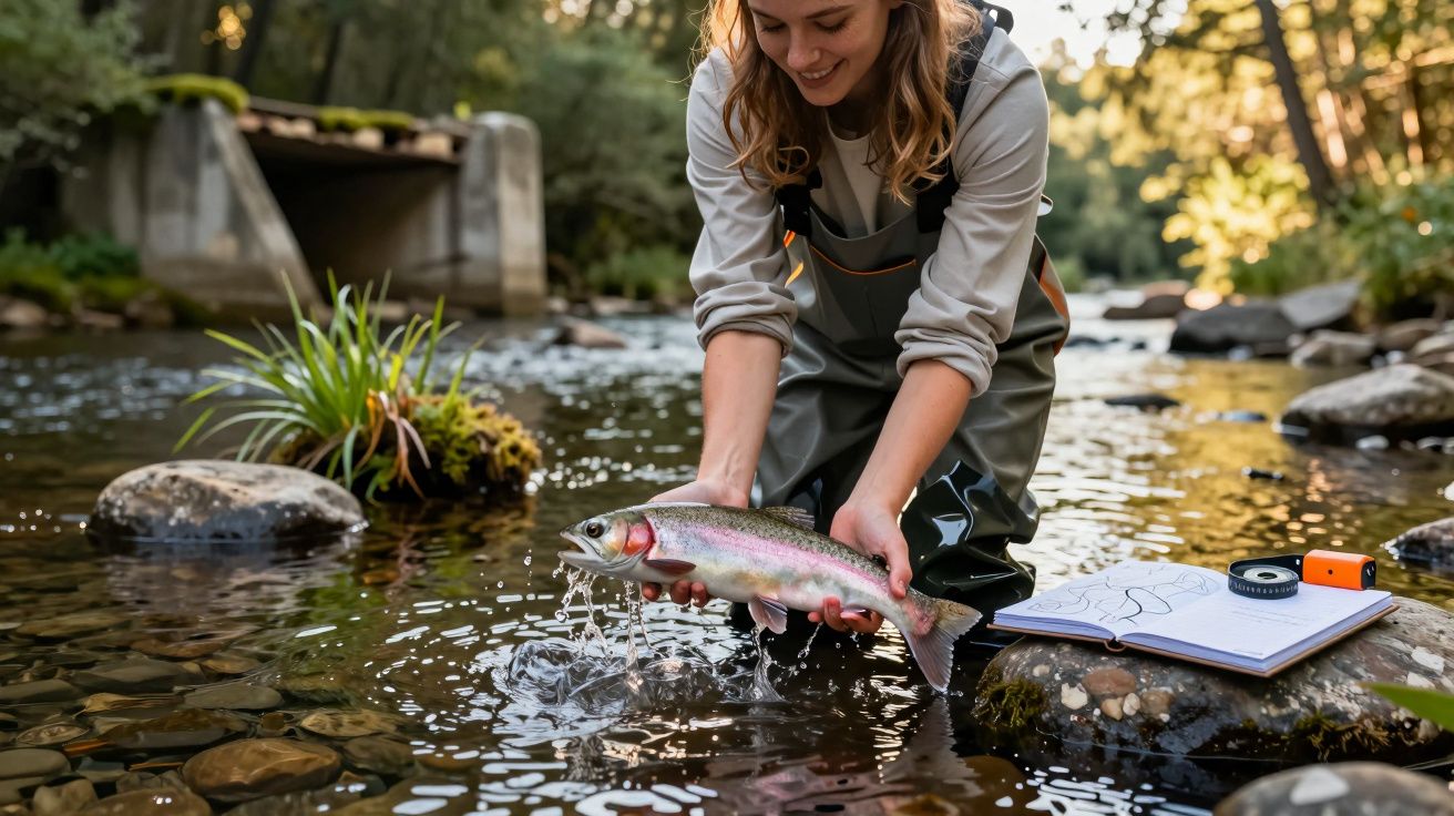 Mulher com fato de pesca segura peixe numa ribeira com floresta ao fundo e caderno sobre pedra.