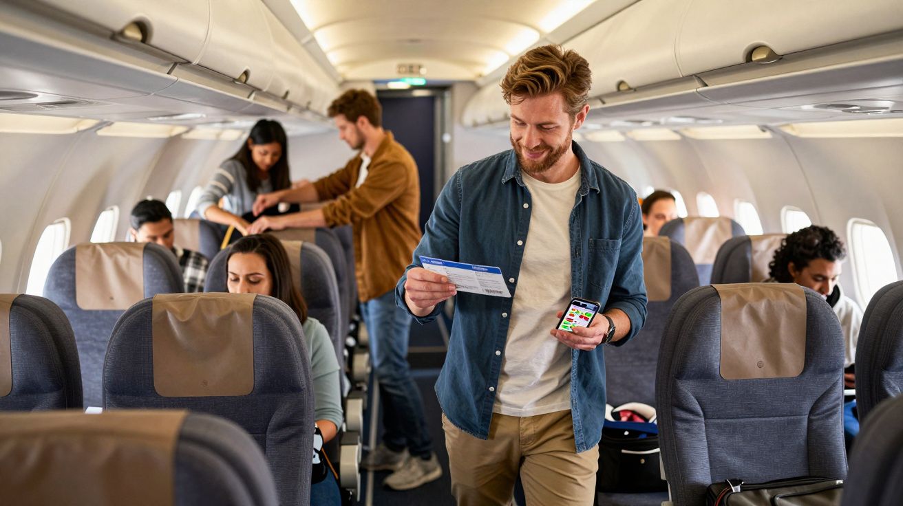 Homem sorridente verifica cartão de embarque e telemóvel dentro de avião com outros passageiros sentados.
