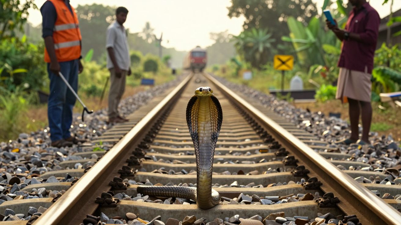 Cobra-cobra numa linha férrea com três homens ao fundo e comboio aproximando-se.