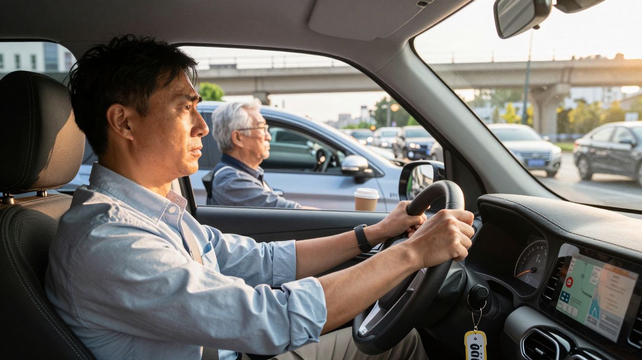 Homem asiático a conduzir carro numa estrada movimentada ao pôr do sol com outro condutor ao lado.