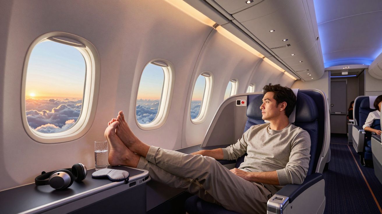Homem relaxa com os pés na mesa na cabine de primeira classe de um avião durante o pôr do sol.