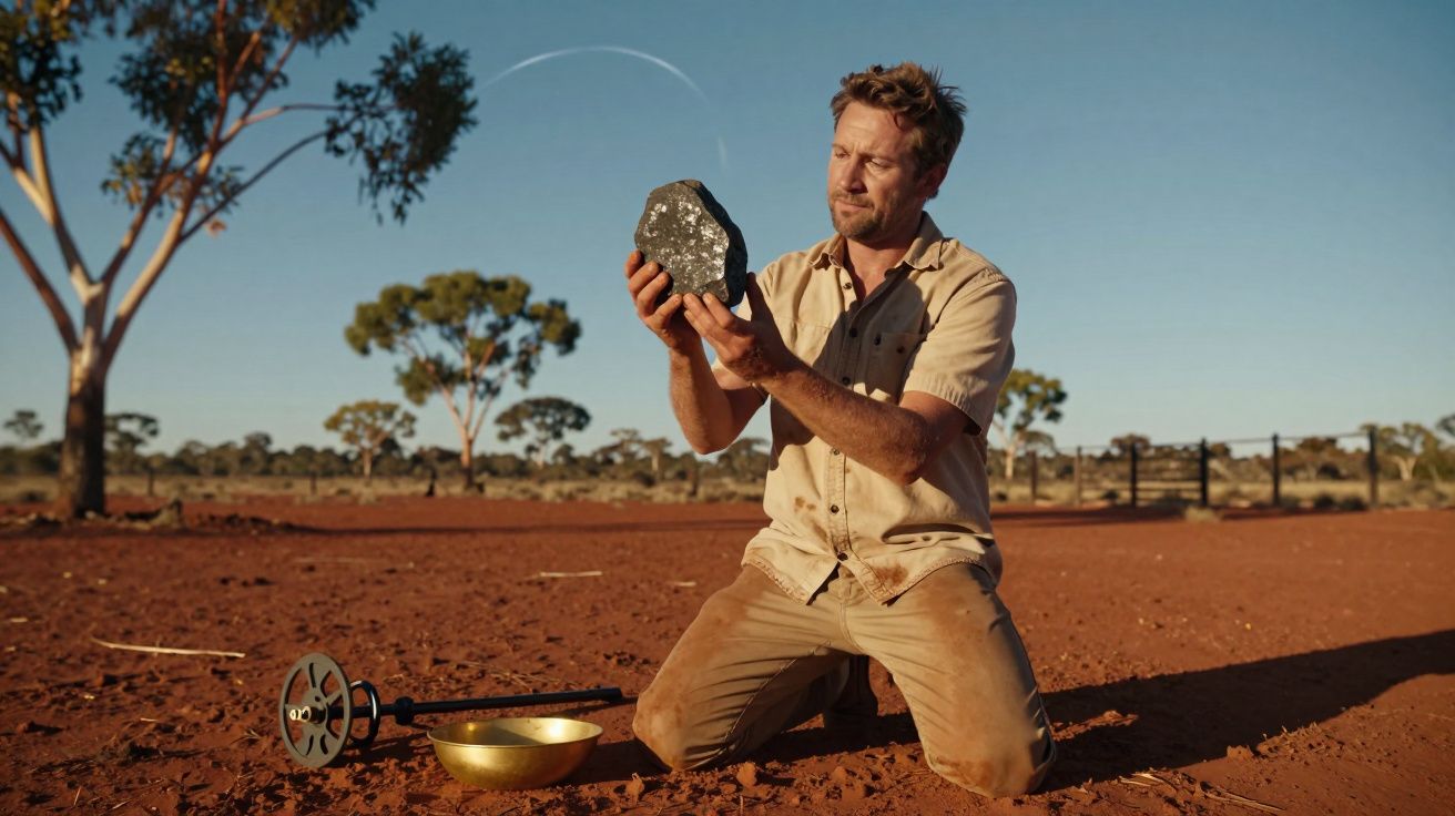 Homem ajoelhado no solo vermelho a analisar um grande meteorito nas mãos, com detector de metais ao lado.