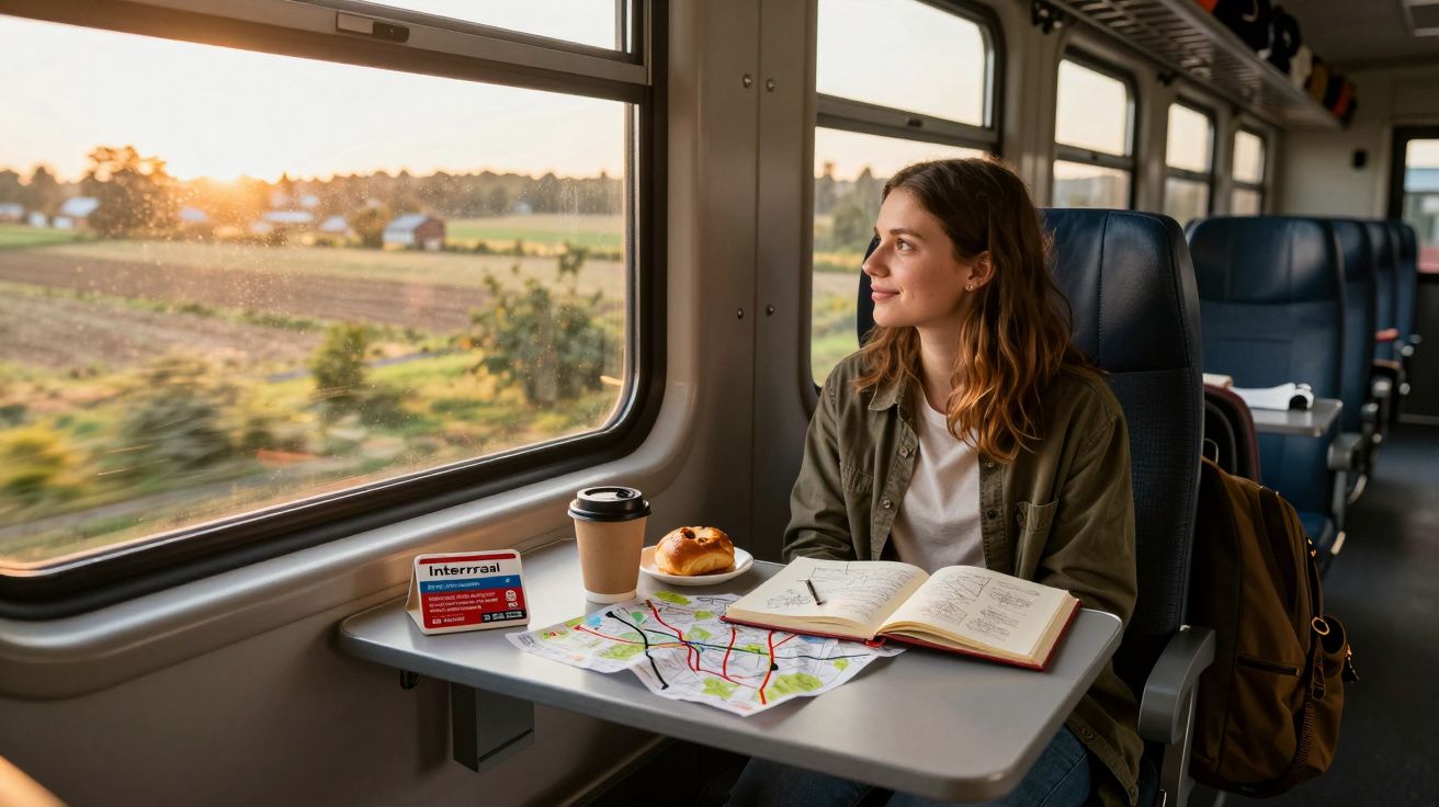 Mulher sentada no comboio a olhar pela janela, com mapa, caderno, café e pastel à sua frente.