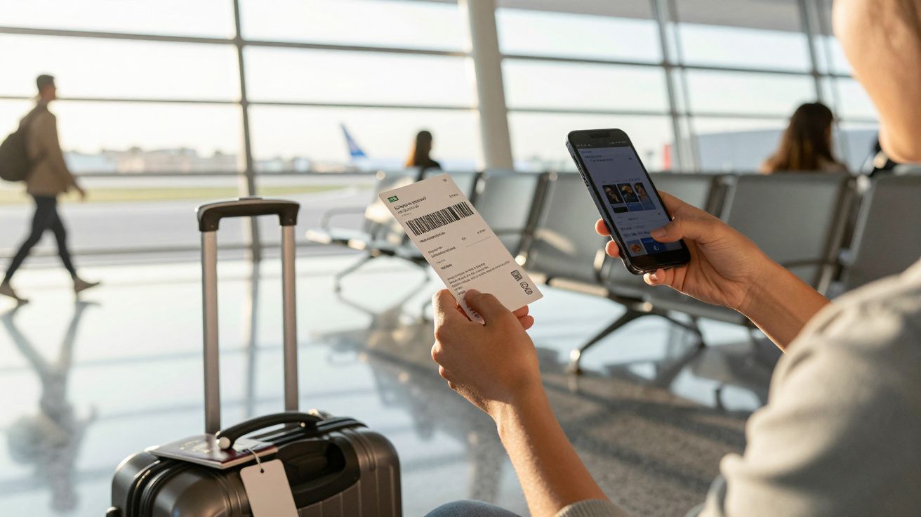 Pessoa segura bilhete de avião e telemóvel num aeroporto com mala ao lado e aviões ao fundo.