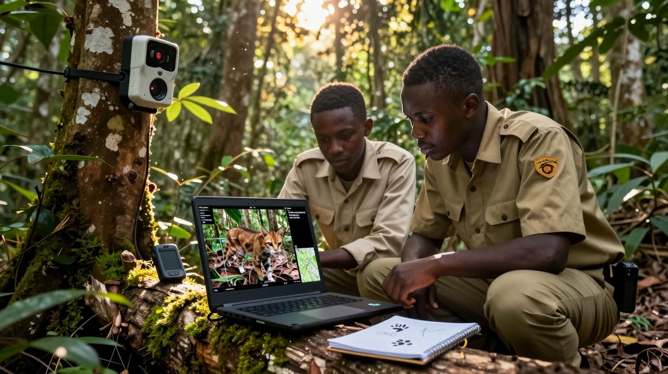 Dois guardas florestais analisam fotos de animais selvagens num computador portátil na floresta.