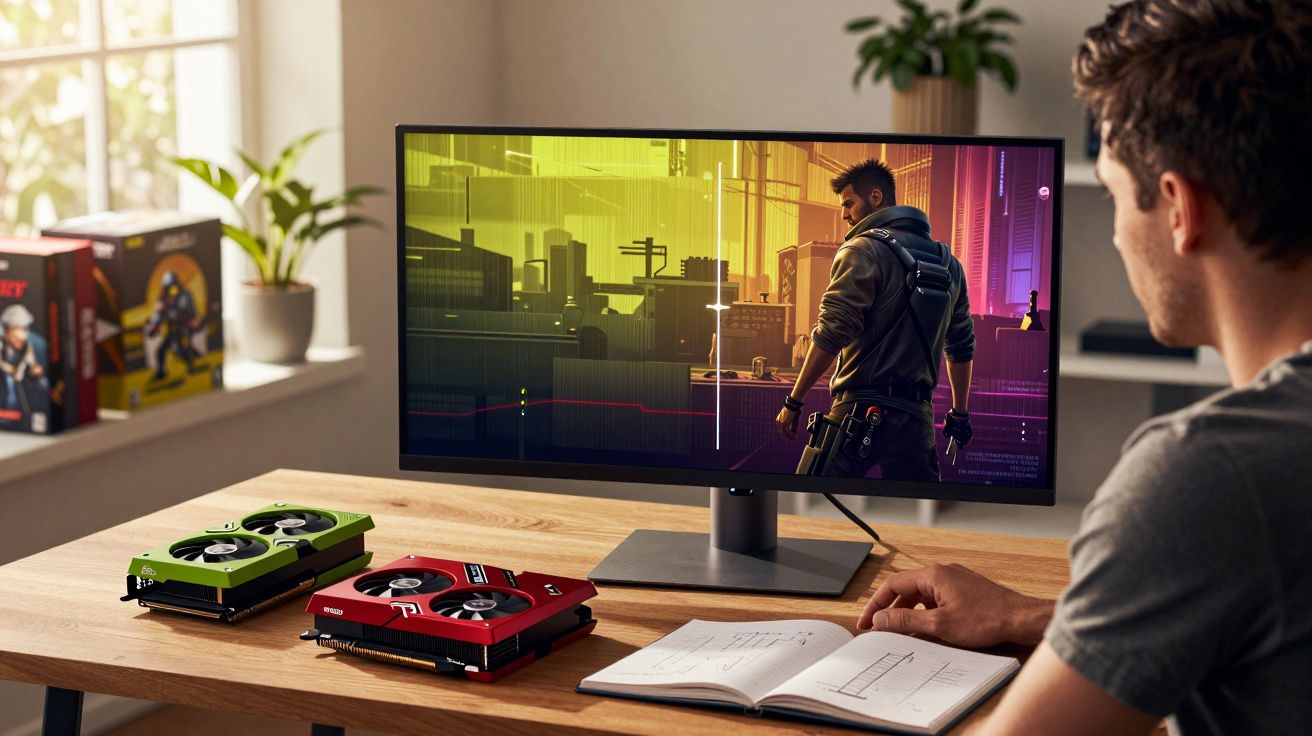 Homem sentado numa secretária com duas placas gráficas, a jogar num monitor com cenário urbano futurista.