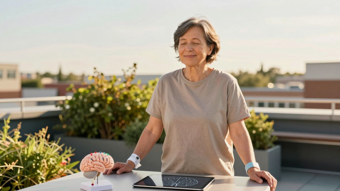 Mulher sénior de olhos fechados ao sol com modelo de cérebro e tablet numa mesa exterior.