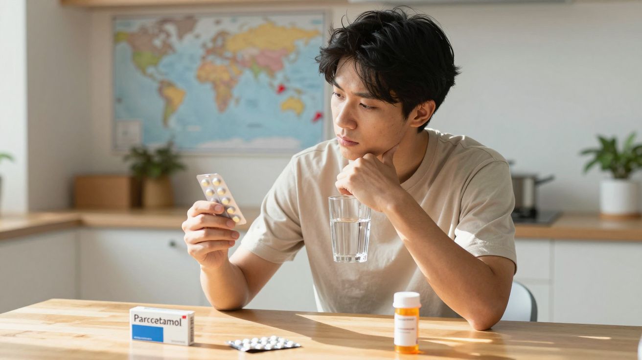 Homem a analisar uma embalagem de comprimidos com um copo de água na mão, sentado numa cozinha.