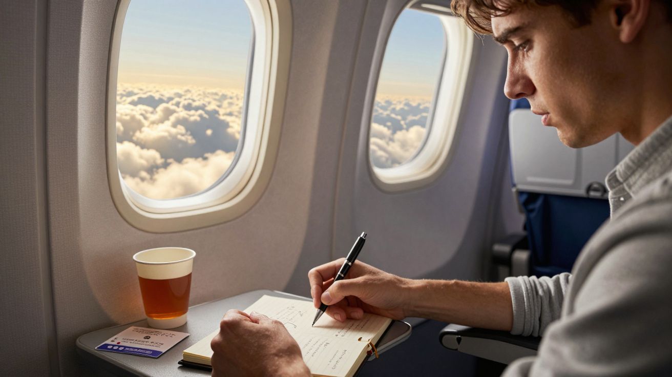 Homem sentado a escrever numa agenda dentro de um avião com vista para o céu e nuvens pelas janelas.