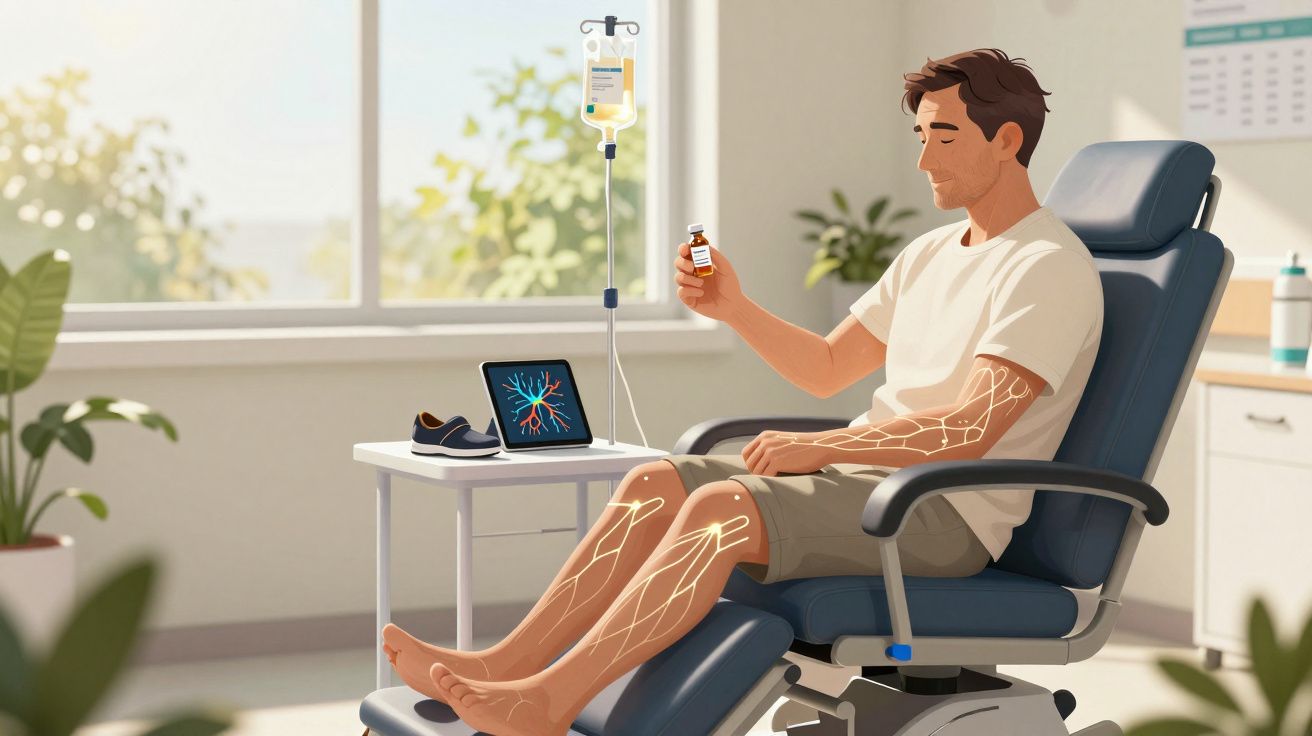 Homem sentado a receber soro intravenoso enquanto observa uma medicação e o seu sistema circulatório numa tablet.