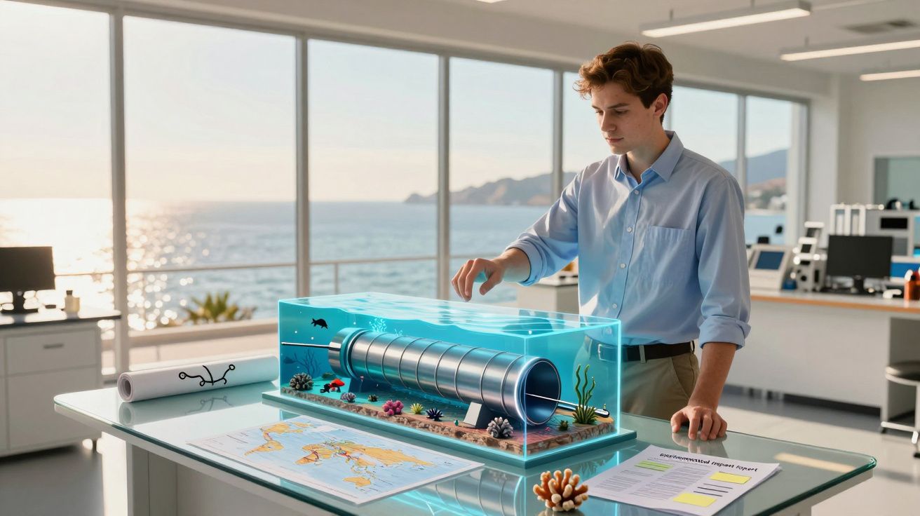 Homem a analisar maquete de estrutura subaquática em escritório com vista para o mar.