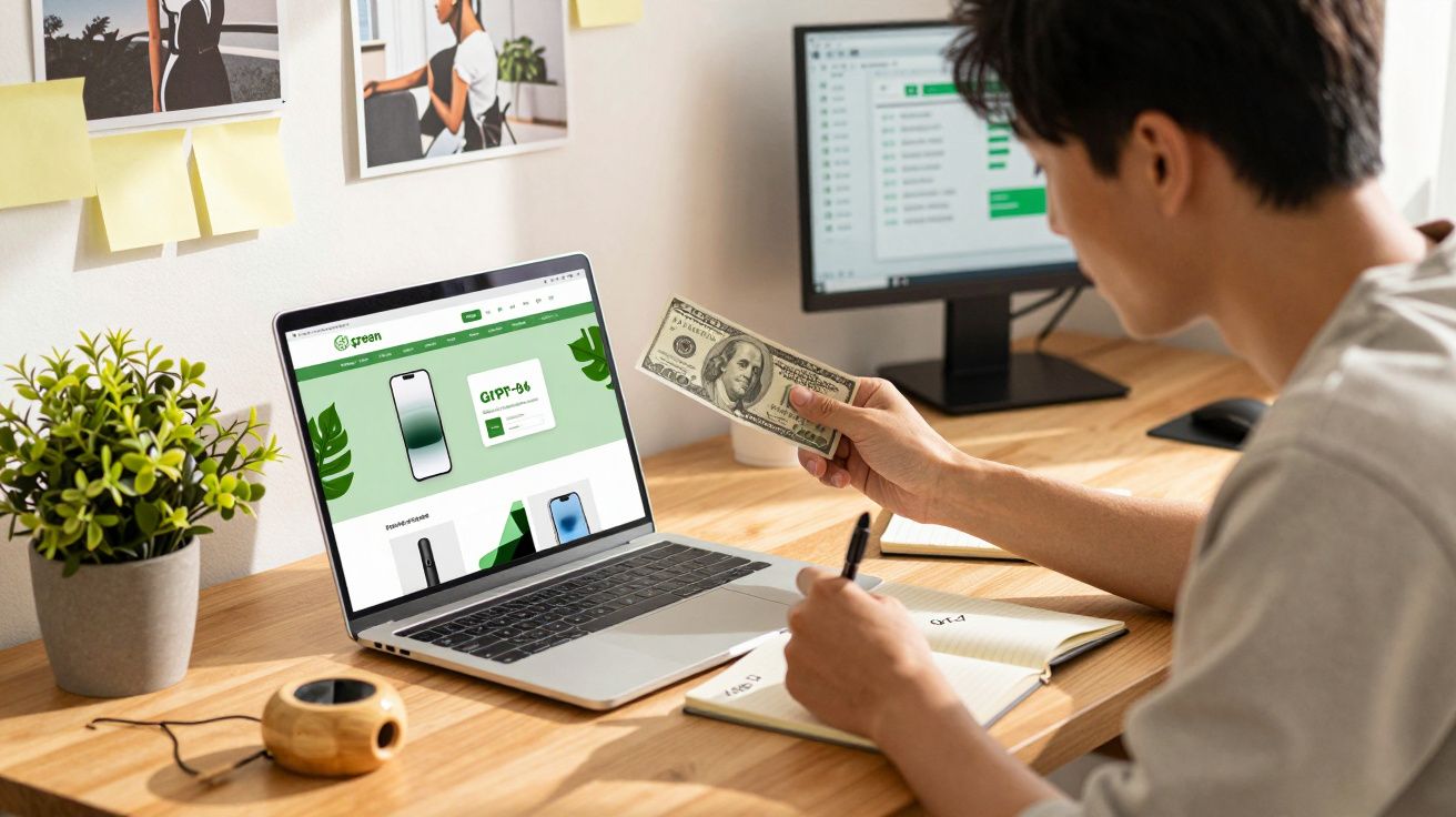 Pessoa a segurar uma nota de dólar enquanto trabalha num computador portátil numa secretária organizada.