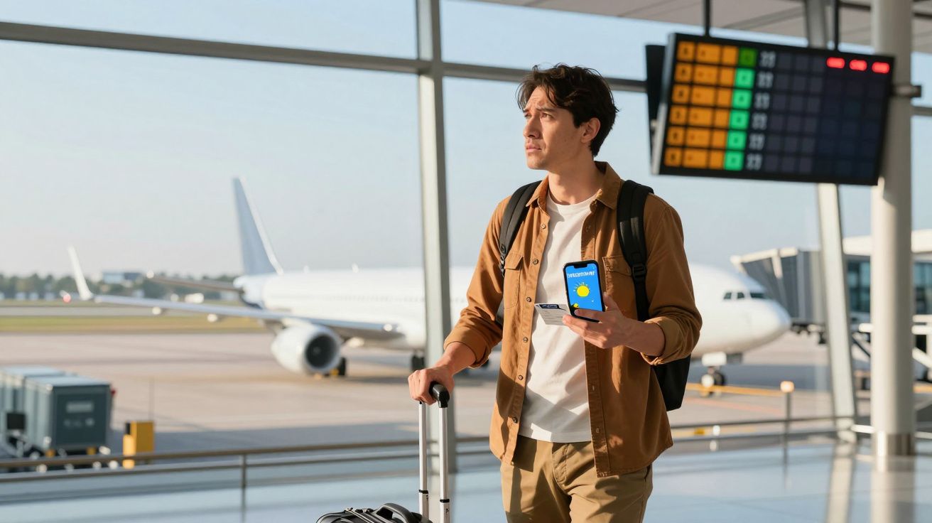 Homem com mochila e mala no aeroporto, segurando telemóvel com app de meteorologia, avião ao fundo.
