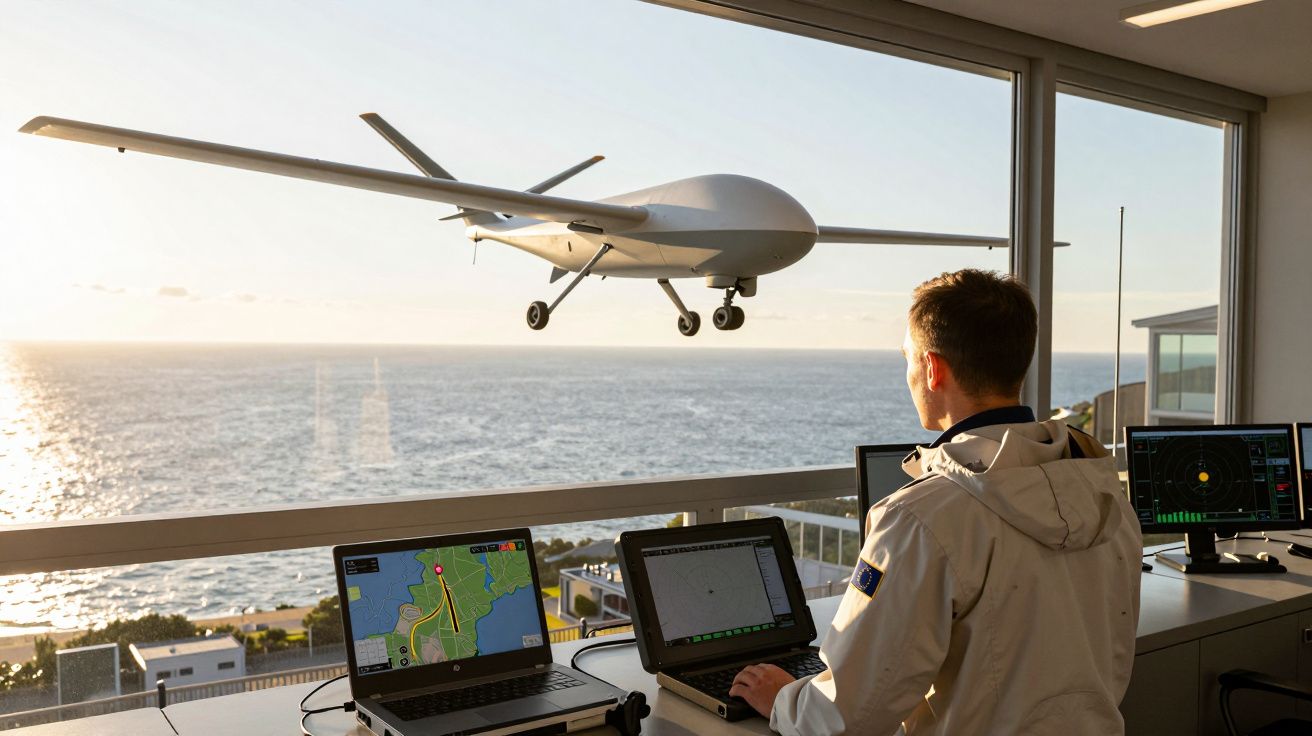 Homem a controlar um drone militar por computador junto a grandes janelas com vista para o mar.