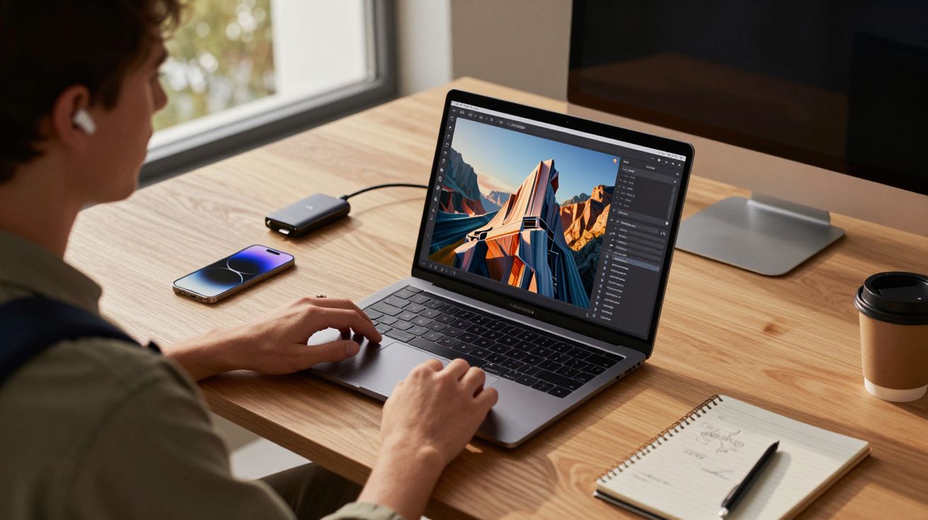 Pessoa a trabalhar num computador portátil com software de edição gráfica numa secretária com smartphone, caderno e café.