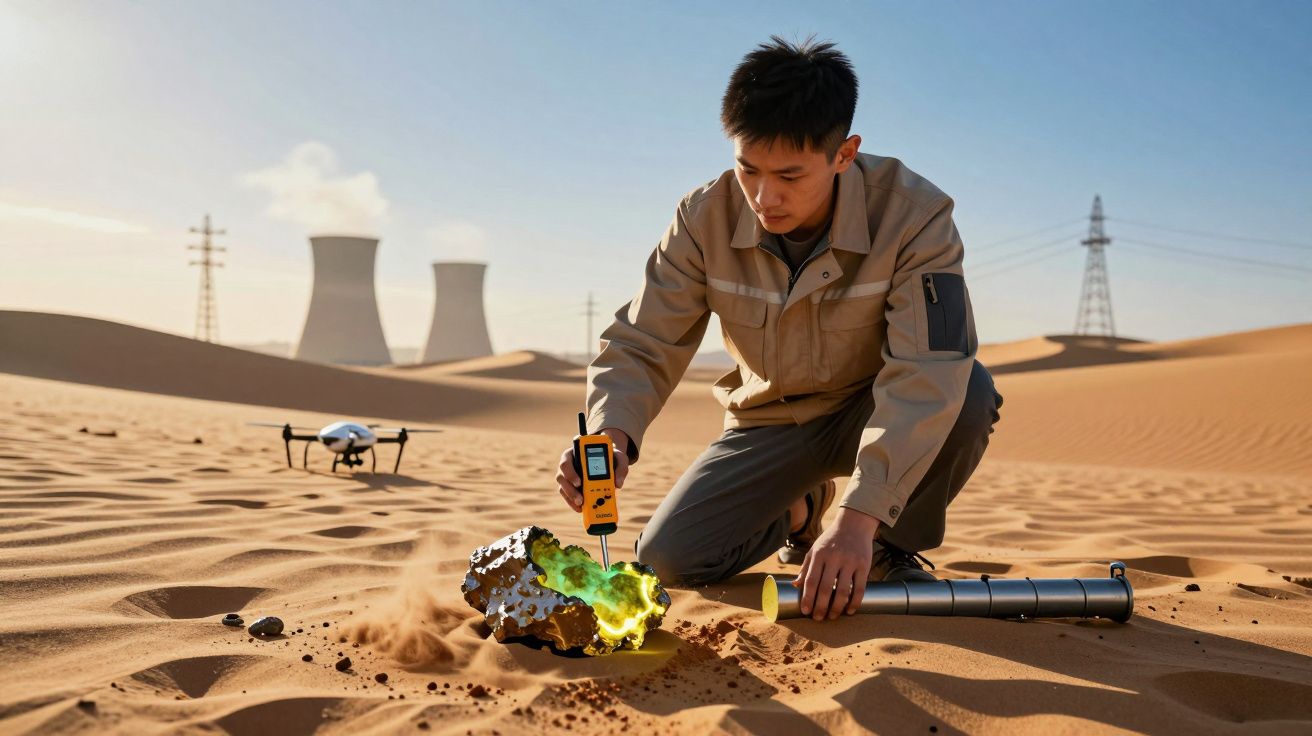 Homem em deserto examina meteorito brilhante com equipamento especializado, três torres industriais ao fundo.