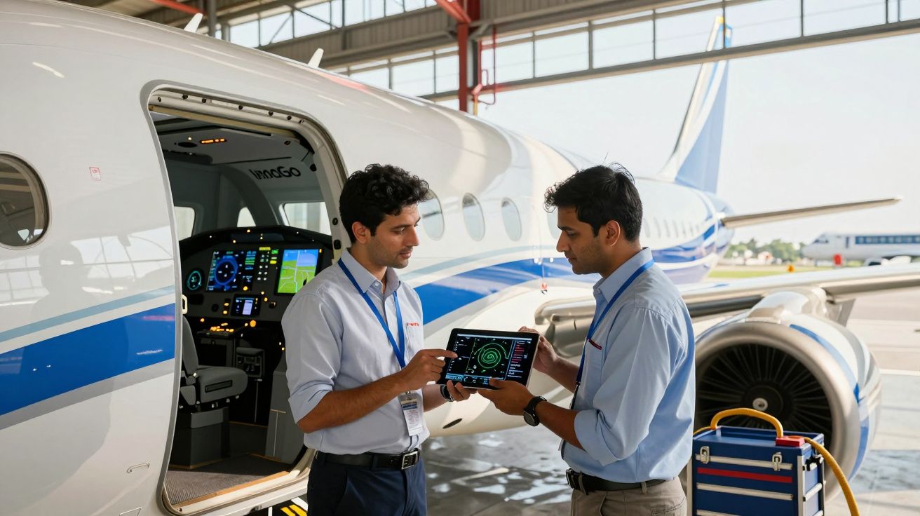 Dois técnicos analisam dados num tablet junto à porta aberta de um jato privado estacionado no hangar.