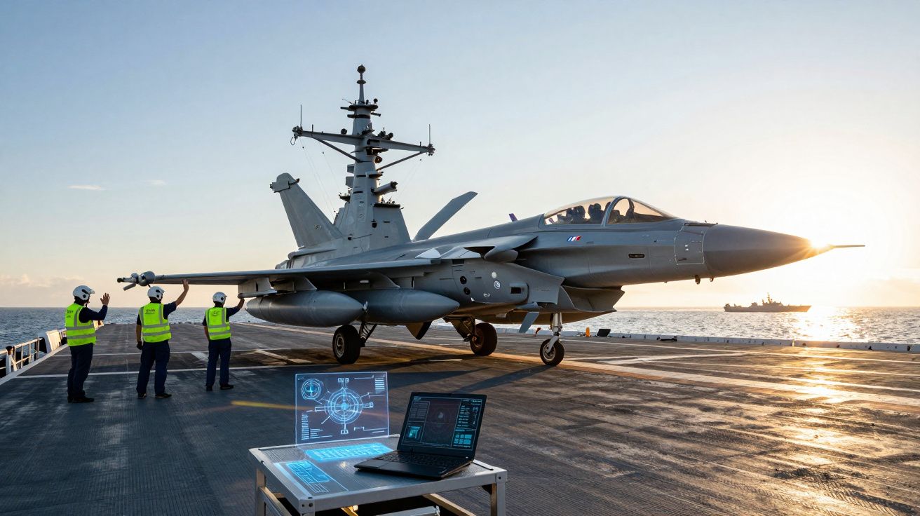 Caça militar num porta-aviões ao pôr do sol com três militares a sinalizar na pista.