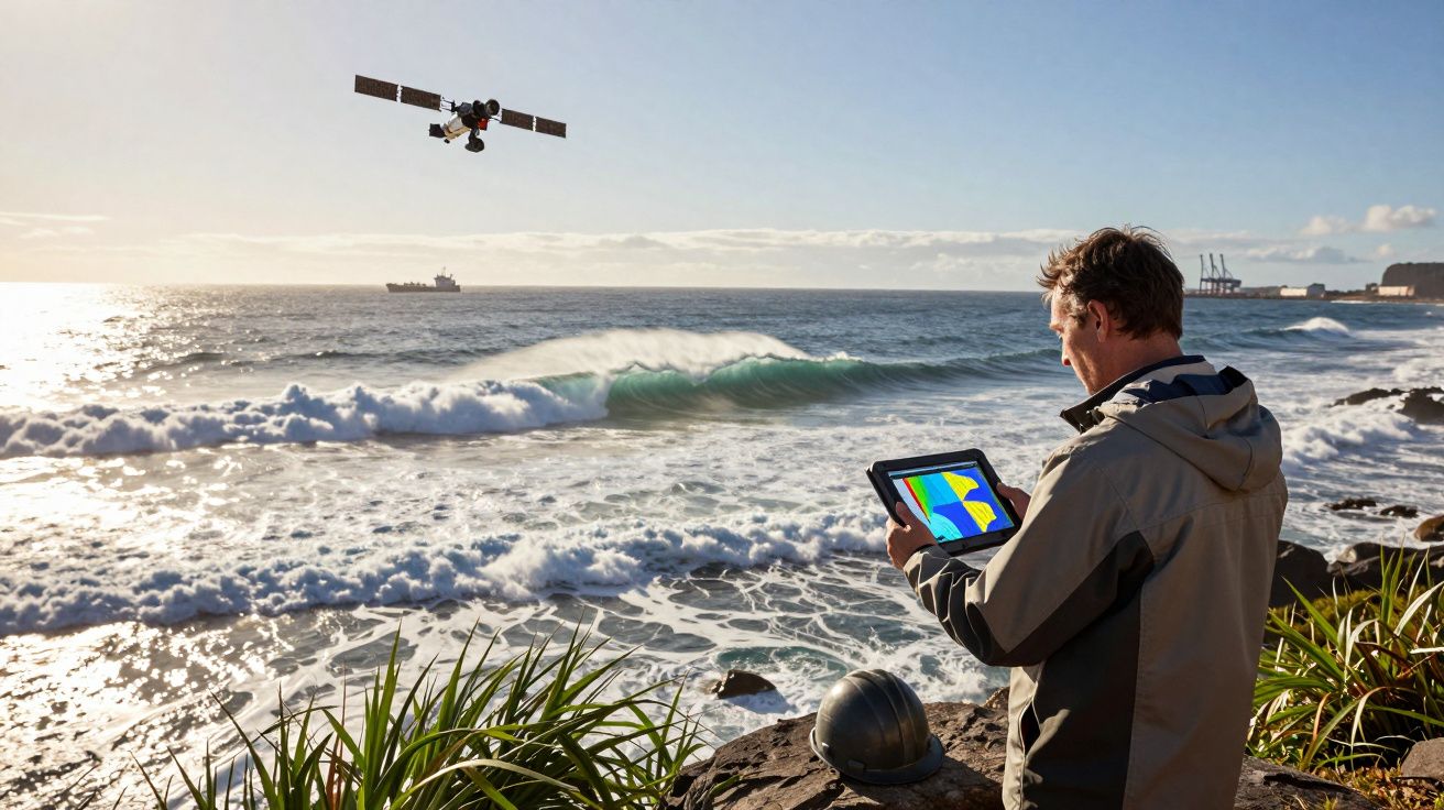 Homem junto ao mar usa tablet para analisar dados enquanto um satélite sobrevoa e um navio está no horizonte.