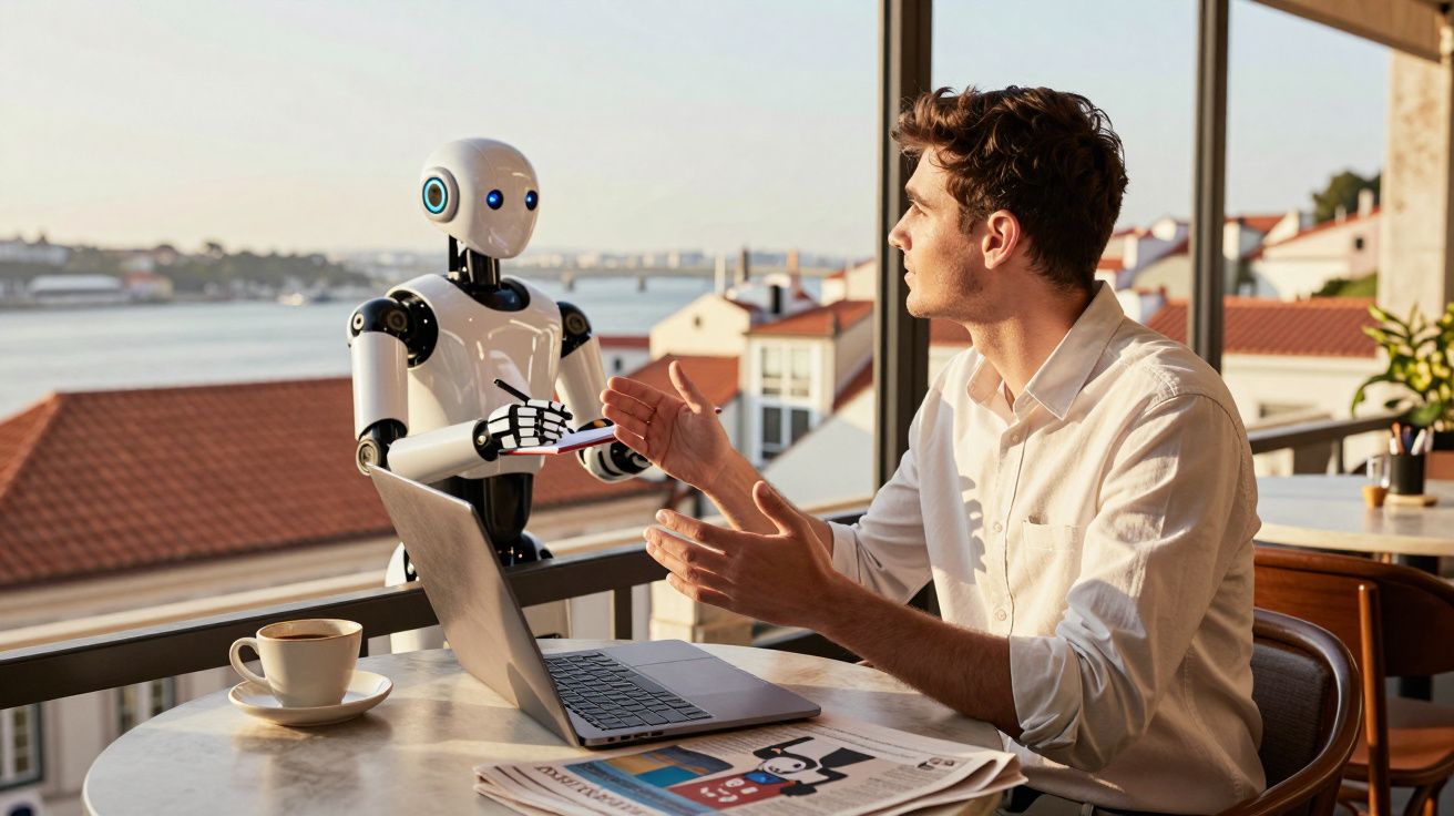 Homem conversa com um robô enquanto trabalha num café com vista para o rio e casas.