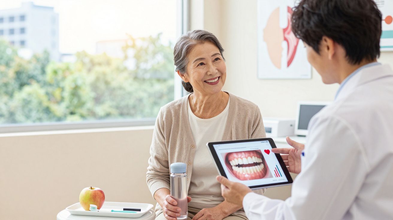 Idosa sorridente consulta dentista que mostra imagem digital de dentes num tablet.